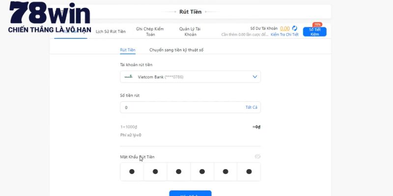 Thực hiện rút tiền 78Win qua tài khoản ngân hàng
